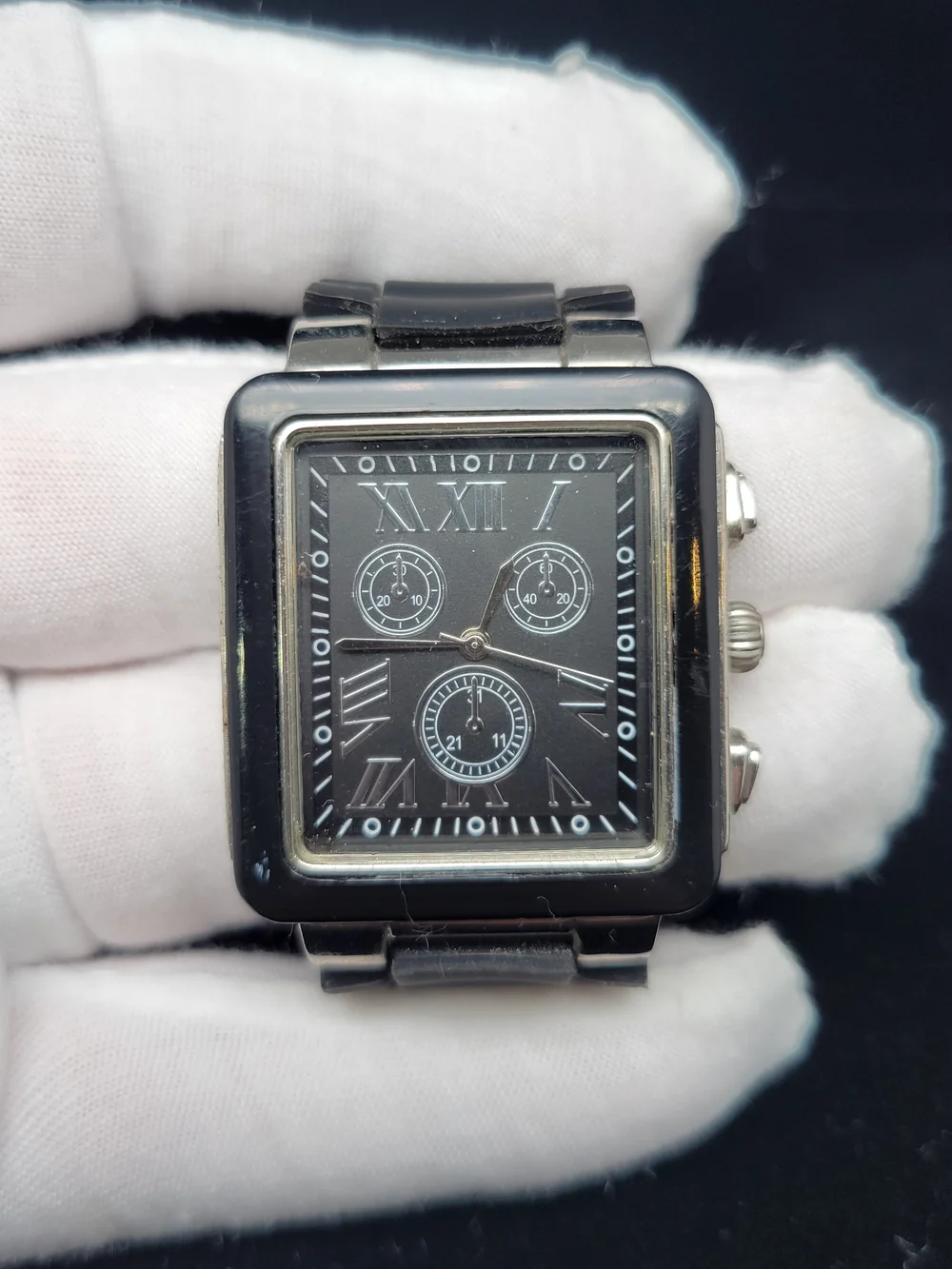 Men's Black Square Stainless Analog Watch with Roman Markers
